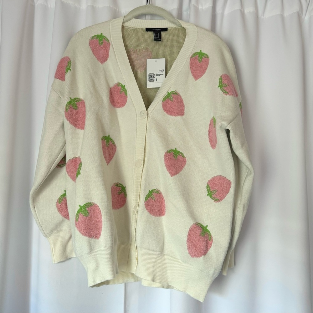 Forever 21 Kawaii Cream White Strawberry Pattern Button Up Cardigan Size Small